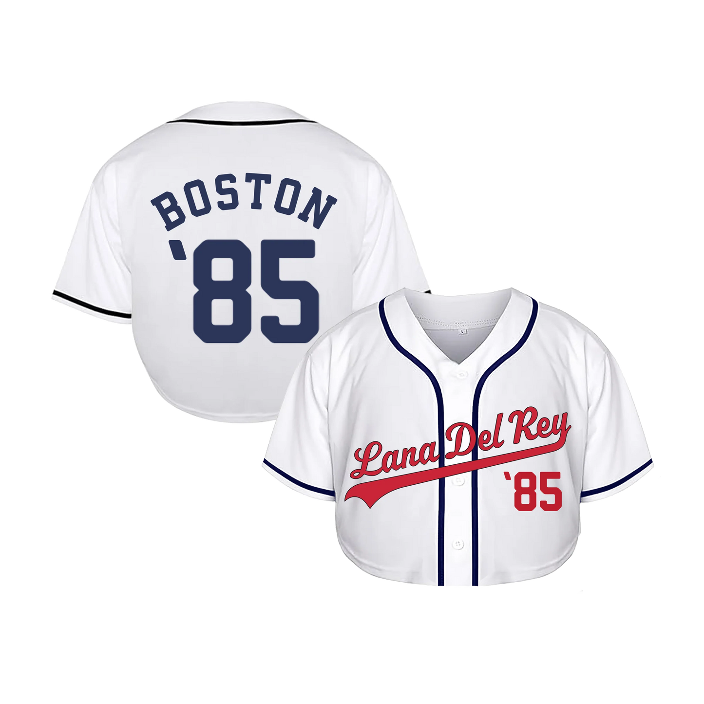 Front view of the Lana Del Rey Fenway Park Cropped Baseball Jersey in white featuring red script Lana Del Rey lettering, navy piping, button-up baseball design, cropped fit, and official Boston Fenway Park '85 concert merchandise.