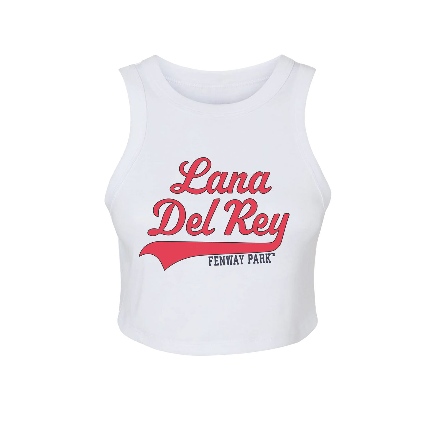 Front view of the Lana Del Rey Fenway Park Script Logo Tank Top featuring a white cropped racerback tank with vintage red Lana Del Rey script and Fenway Park graphic, inspired by the exclusive Boston 2024 concert merchandise collection.