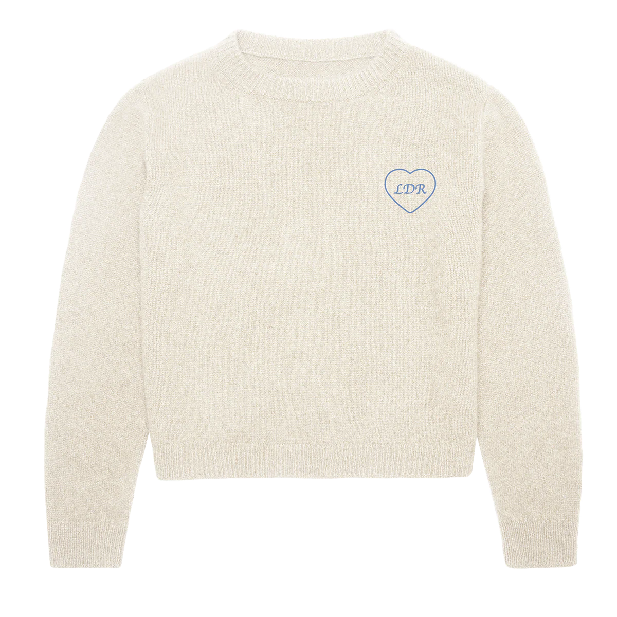 Front view of the Lana Del Rey Indio Ivory Knit Crewneck Sweater featuring a soft ivory knit construction with an embroidered blue LDR heart logo on the chest, premium heavyweight sweater inspired by Lana Del Rey's Indio festival merch collection.