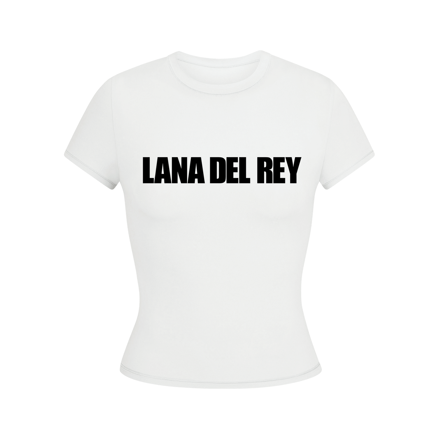 Front view of the Lana Del Rey Logo White Baby Tee featuring a bold black Lana Del Rey logo printed across the chest on a fitted white baby tee with a clean minimalist aesthetic inspired by classic fan merch.