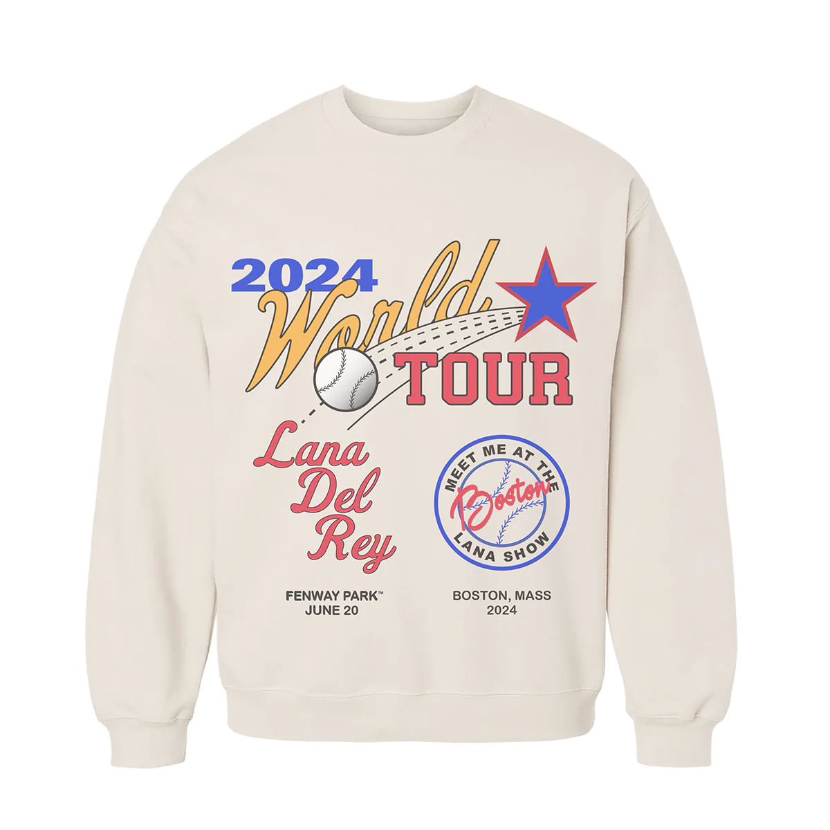 Front view of the Lana Del Rey World Tour Crewneck Sweatshirt in cream featuring colorful 2024 World Tour baseball-inspired graphics, Boston Fenway Park June 20 concert artwork, and official Lana Del Rey tour merchandise design.
