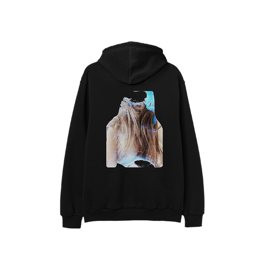 Back view of the Ocean Blvd Black Album Art Hoodie featuring a large artistic Lana Del Rey portrait graphic with blue-toned visual effects printed on a black hoodie inspired by the Did You Know That There's a Tunnel Under Ocean Blvd era.