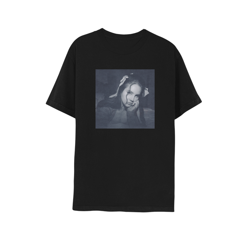 Front view of the Ocean Blvd Black Album Cover T-Shirt featuring a monochrome Lana Del Rey portrait graphic on a black cotton tee inspired by the Did You Know That There's a Tunnel Under Ocean Blvd album, vintage-style Lana Del Rey merch.