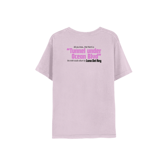 Back view of the Ocean Blvd Lilac Illustration T-Shirt with the Tunnel Under Ocean Blvd album title printed in lavender and black text on a soft lilac graphic tee celebrating Lana Del Rey's ninth studio album.