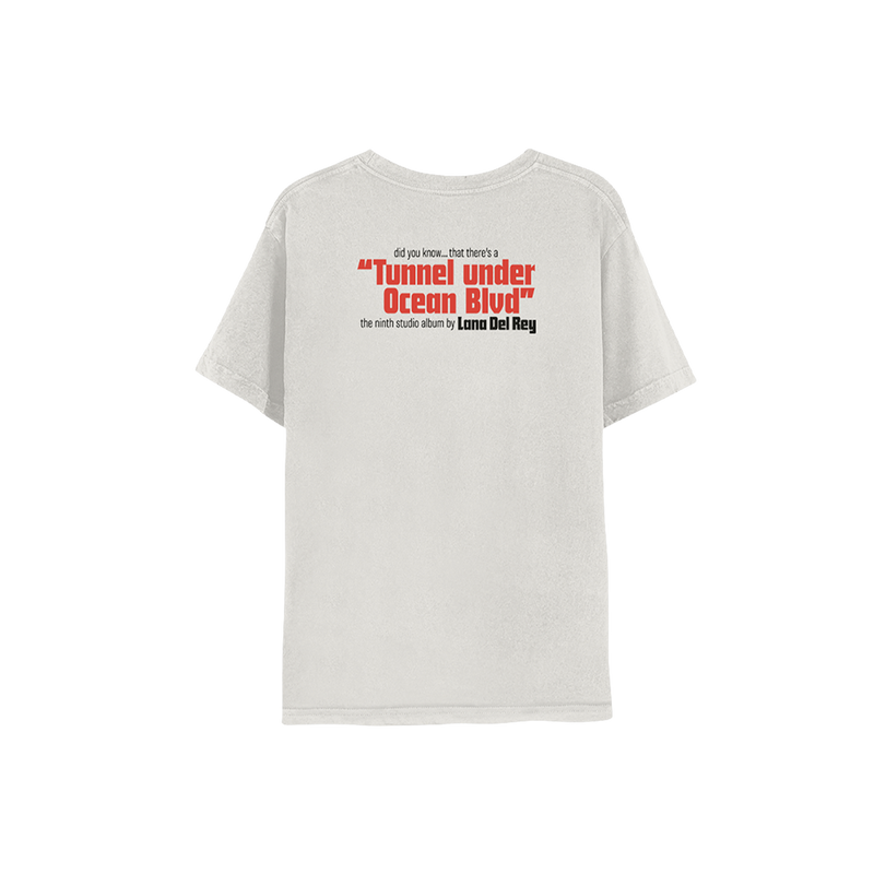 Back view of the Ocean Blvd Natural Photo T-Shirt with bold red Tunnel Under Ocean Blvd album title and Lana Del Rey ninth studio album text printed on a natural vintage-inspired fan merch graphic tee.
