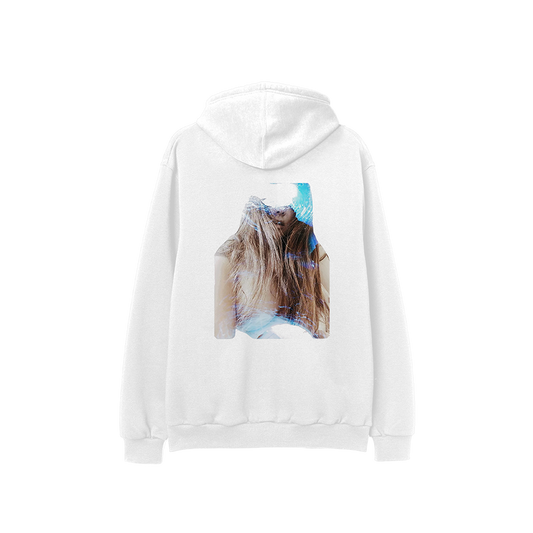 Back view of the Ocean Blvd White Album Art Hoodie featuring a large artistic Lana Del Rey portrait graphic with blue-toned visual effects printed on a white hoodie inspired by the Did You Know That There's a Tunnel Under Ocean Blvd era.