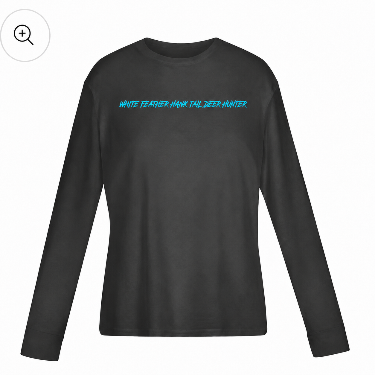 Front view of the White Feather Long Sleeve T-Shirt in black featuring bright blue "White Feather Hawk Tail Deer Hunter" text across the chest with a classic crewneck, long sleeves, and minimalist design inspired by Lana Del Rey's upcoming Stove album merchandise.