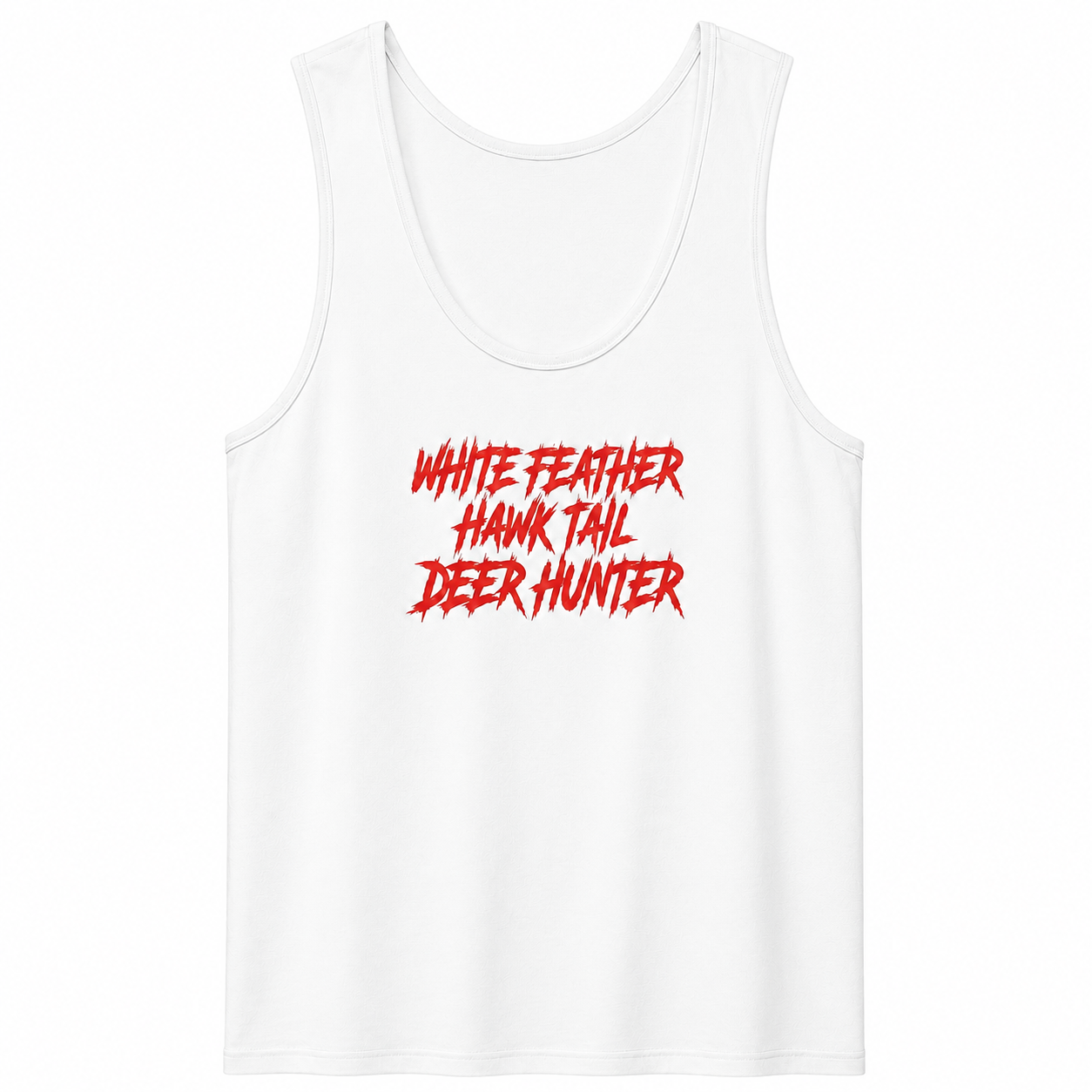 Front view of the White Feather Ribbed Scoop Neck Tank Top in white featuring bold distressed red "White Feather Hawk Tail Deer Hunter" graphic on a classic scoop neck sleeveless tank, inspired by Lana Del Rey's upcoming Stove album merchandise.