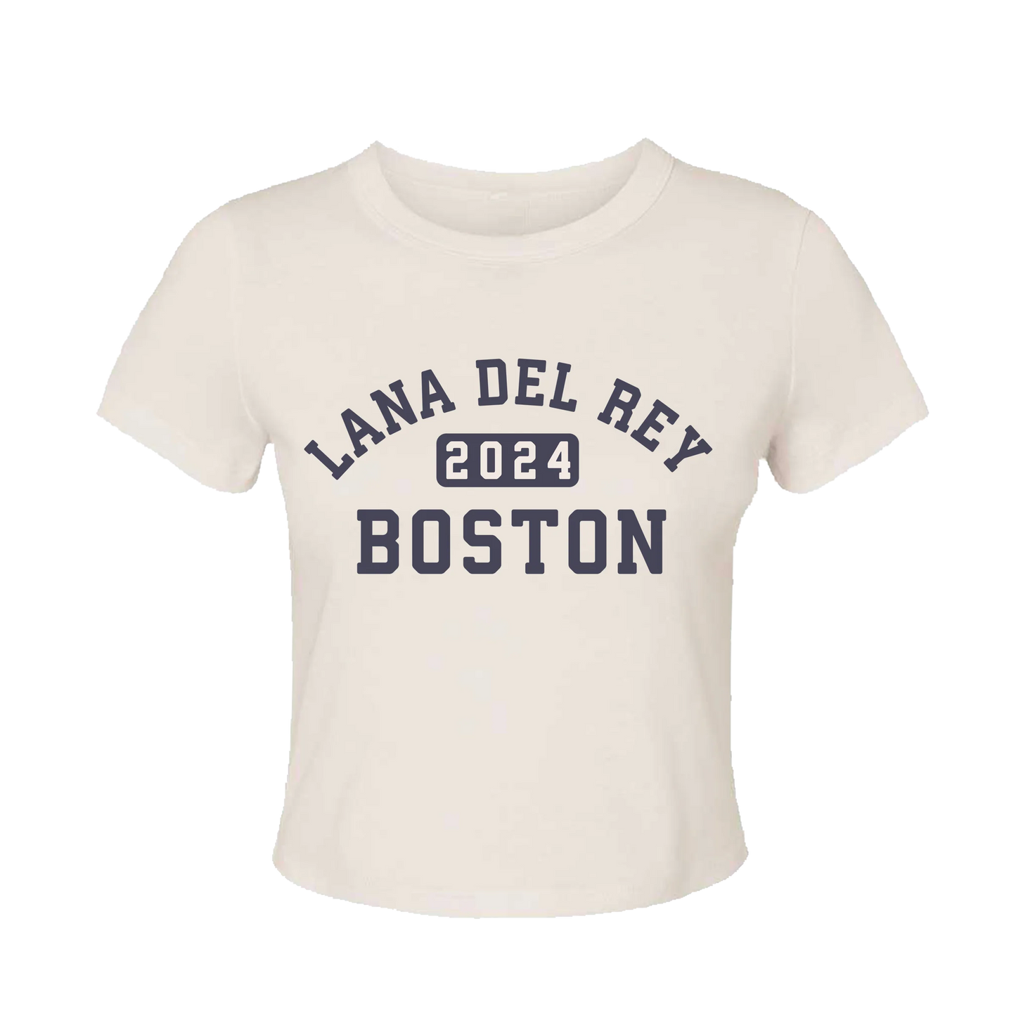 Front view of the Boston Baby Tee by Lana Del Rey featuring a cream fitted baby tee with Lana Del Rey 2024 Boston varsity-style graphic, inspired by the 2024 Fenway Park concert collection and exclusive tour merchandise.