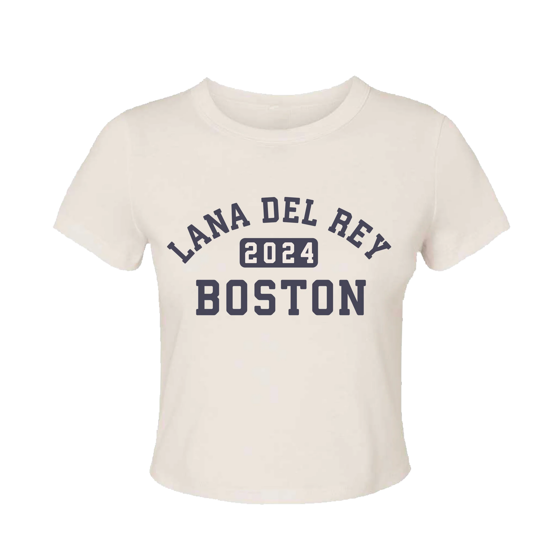 Front view of the Boston Baby Tee by Lana Del Rey featuring a cream fitted baby tee with Lana Del Rey 2024 Boston varsity-style graphic, inspired by the 2024 Fenway Park concert collection and exclusive tour merchandise.