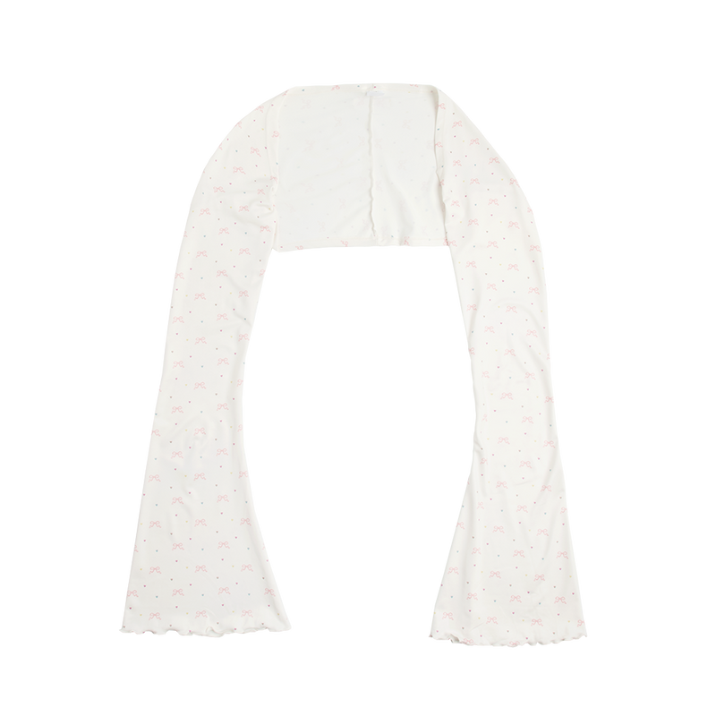 Front view of the Bow Print Bolero Top featuring an ivory long-sleeve cropped bolero with an all-over pink ribbon bow and pastel heart print, finished with a romantic vintage-inspired silhouette.