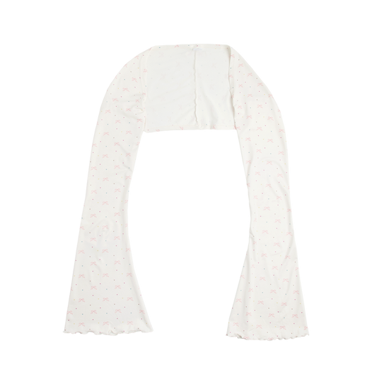 Front view of the Bow Print Bolero Top featuring an ivory long-sleeve cropped bolero with an all-over pink ribbon bow and pastel heart print, finished with a romantic vintage-inspired silhouette.