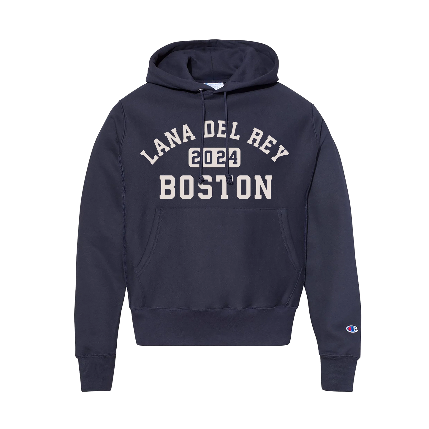 Front view of the Fenway Faithful Hoodie by Lana Del Rey in navy blue featuring collegiate "Lana Del Rey 2024 Boston" varsity lettering, kangaroo pocket, Champion sleeve logo, and official Fenway Park concert merchandise inspired by the June 2024 Boston shows.