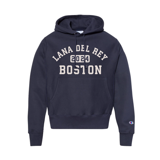 Front view of the Fenway Faithful Hoodie by Lana Del Rey in navy blue featuring collegiate "Lana Del Rey 2024 Boston" varsity lettering, kangaroo pocket, Champion sleeve logo, and official Fenway Park concert merchandise inspired by the June 2024 Boston shows.