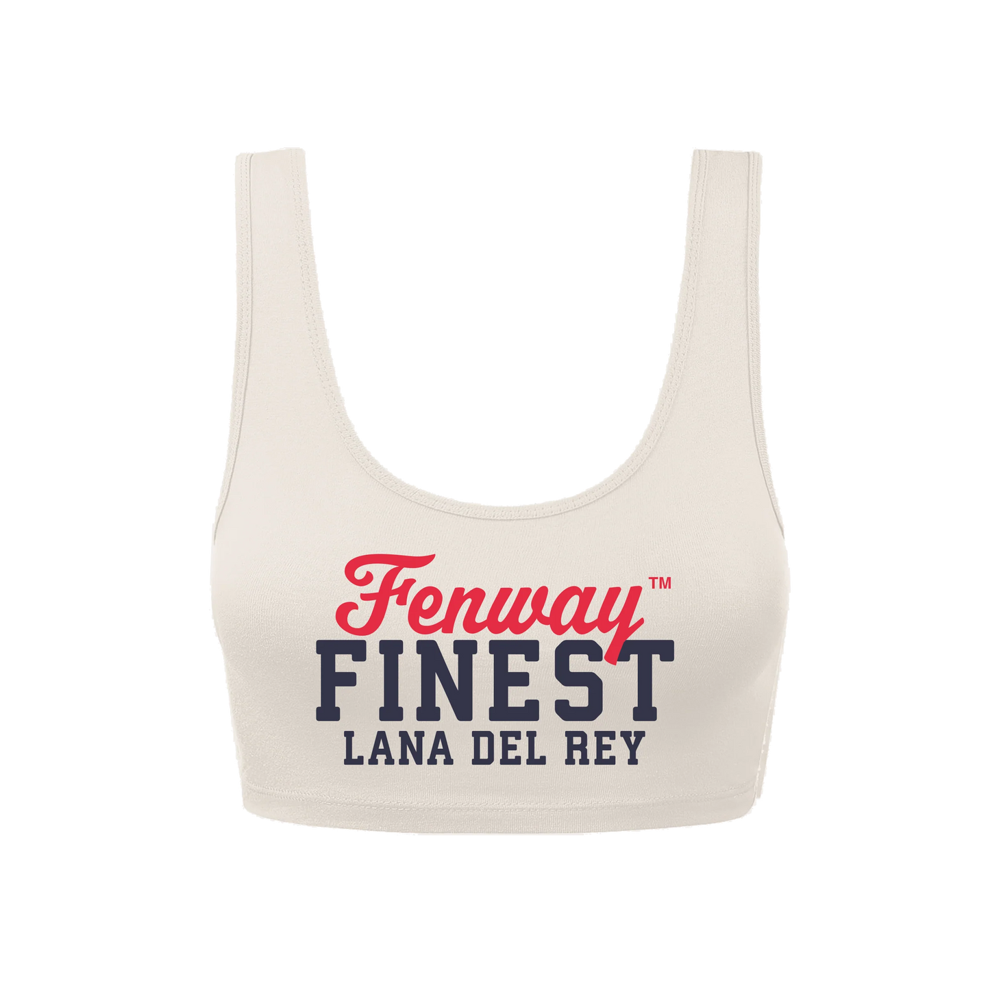 Front view of the Fenway Finest Cropped Tank Top by Lana Del Rey featuring a cream cropped tank with bold Fenway Finest Lana Del Rey graphic, inspired by the exclusive Fenway Park Boston 2024 tour merchandise collection.