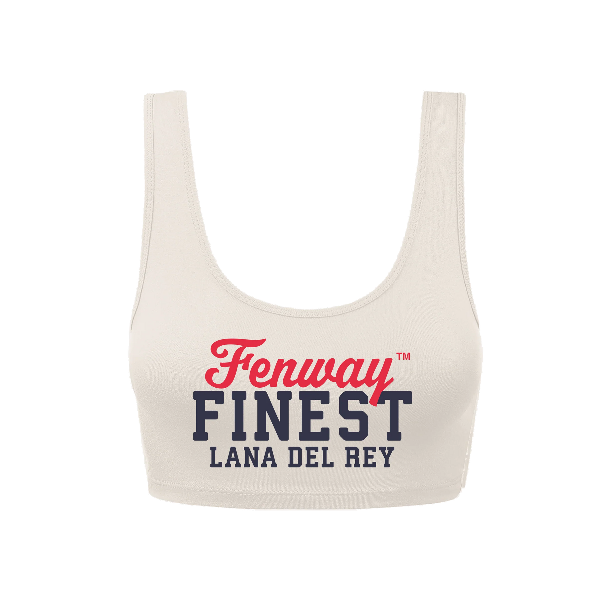 Front view of the Fenway Finest Cropped Tank Top by Lana Del Rey featuring a cream cropped tank with bold Fenway Finest Lana Del Rey graphic, inspired by the exclusive Fenway Park Boston 2024 tour merchandise collection.