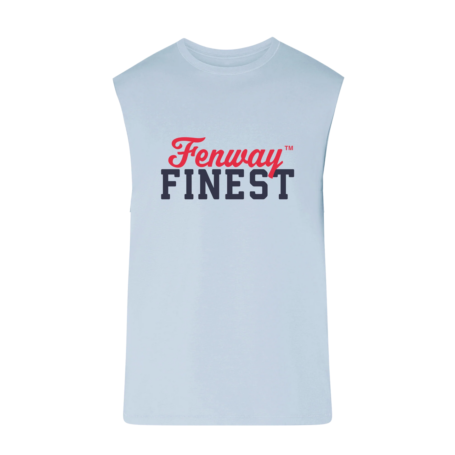 Front view of the Fenway Finest Cutoff T-Shirt by Lana Del Rey featuring a light blue sleeveless muscle tee with bold Fenway Finest graphic, inspired by the Fenway Park 2024 Boston concert collection and exclusive tour merchandise.