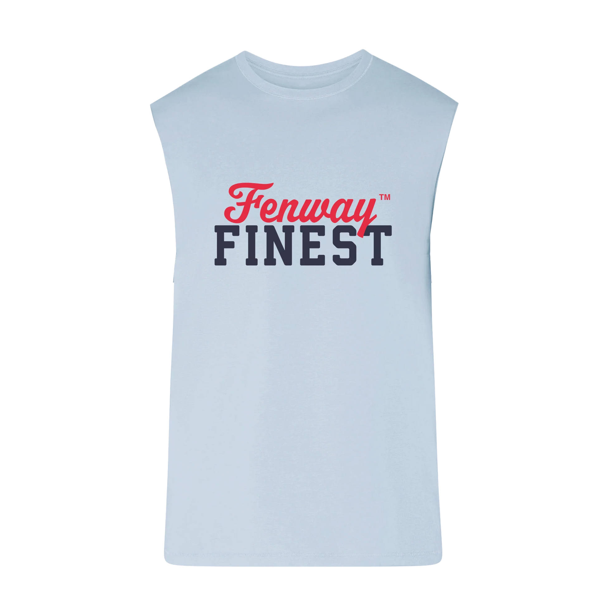 Front view of the Fenway Finest Cutoff T-Shirt by Lana Del Rey featuring a light blue sleeveless muscle tee with bold Fenway Finest graphic, inspired by the Fenway Park 2024 Boston concert collection and exclusive tour merchandise.