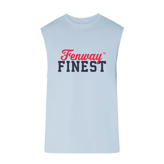 Front view of the Fenway Finest Cutoff T-Shirt by Lana Del Rey featuring a light blue sleeveless muscle tee with bold Fenway Finest graphic, inspired by the Fenway Park 2024 Boston concert collection and exclusive tour merchandise.