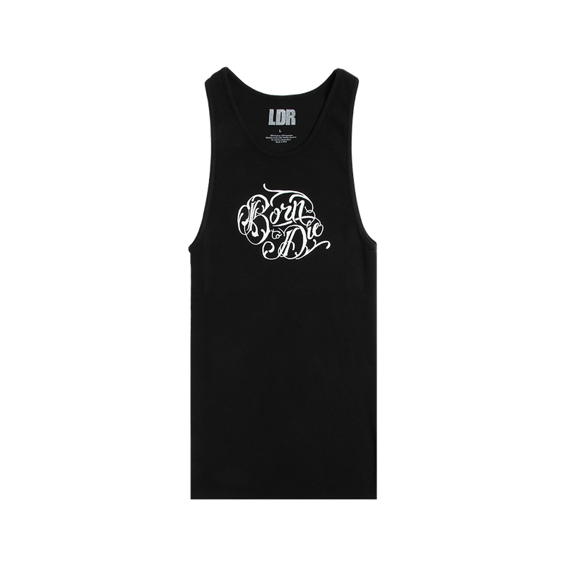 Front view of the Lana Del Rey Black Ribbed Print Tank Top featuring an elegant white Born to Die script graphic on a black ribbed sleeveless tank inspired by the iconic Born to Die album era.