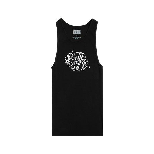 Front view of the Lana Del Rey Black Ribbed Print Tank Top featuring an elegant white Born to Die script graphic on a black ribbed sleeveless tank inspired by the iconic Born to Die album era.