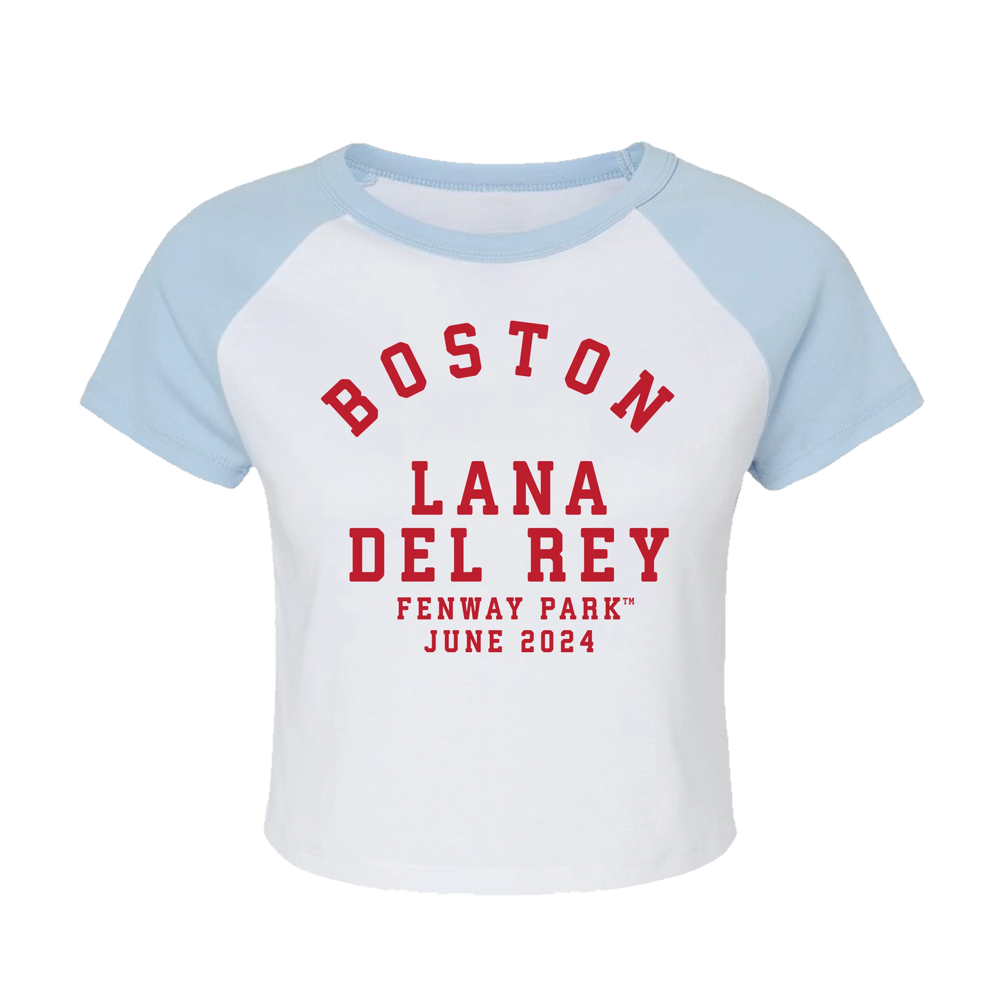 Front view of the Lana Del Rey Fenway Park Baby Raglan Tee featuring a white fitted baby raglan T-shirt with light blue sleeves and a red Boston Lana Del Rey Fenway Park June 2024 graphic, inspired by the exclusive Boston Fenway Park tour merchandise collection.
