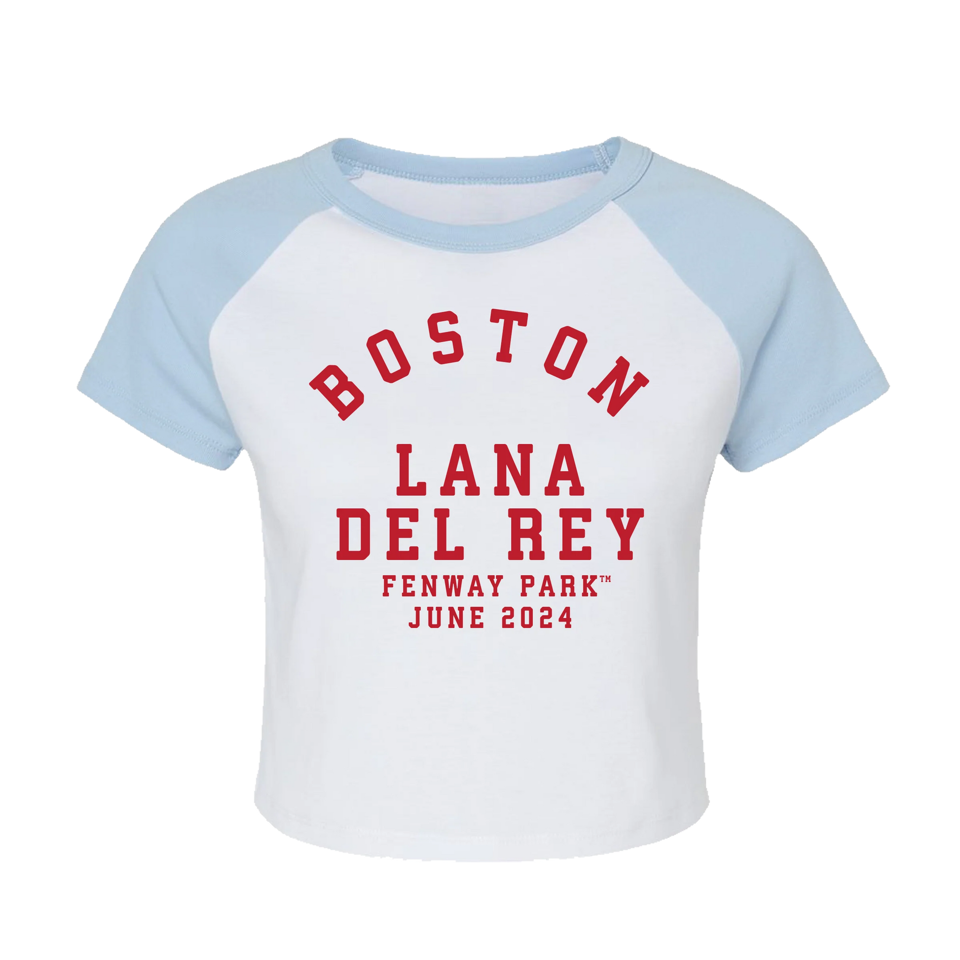 Front view of the Lana Del Rey Fenway Park Baby Raglan Tee featuring a white fitted baby raglan T-shirt with light blue sleeves and a red Boston Lana Del Rey Fenway Park June 2024 graphic, inspired by the exclusive Boston Fenway Park tour merchandise collection.