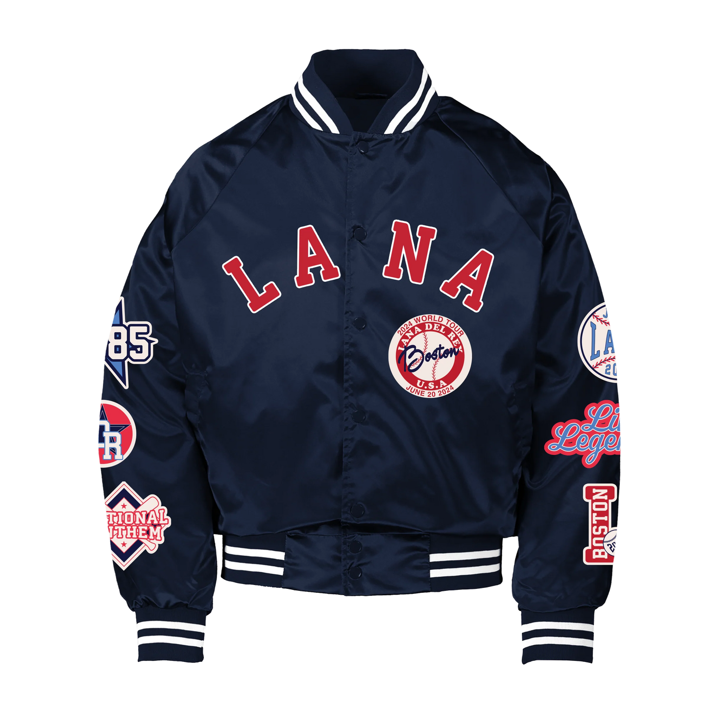 Front view of the Lana Del Rey Fenway Park Bomber Jacket in navy blue featuring varsity-inspired LANA lettering, Boston World Tour baseball patch, embroidered sleeve graphics, striped ribbed trim, and official Fenway Park June 2024 concert merchandise.