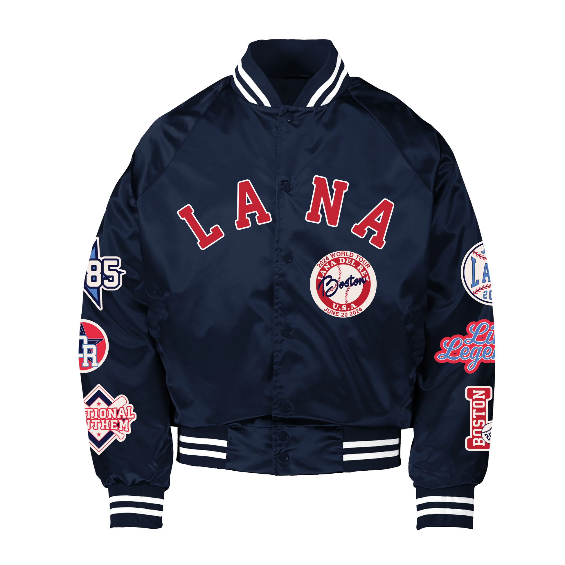 Front view of the Lana Del Rey Fenway Park Bomber Jacket in navy blue featuring varsity-inspired LANA lettering, Boston World Tour baseball patch, embroidered sleeve graphics, striped ribbed trim, and official Fenway Park June 2024 concert merchandise.