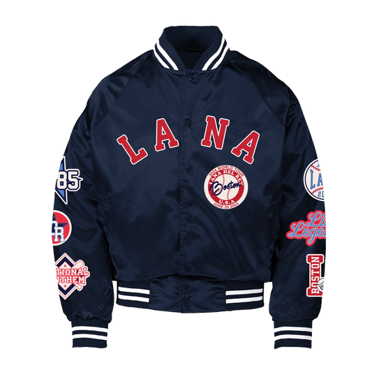 Front view of the Lana Del Rey Fenway Park Bomber Jacket in navy blue featuring varsity-inspired LANA lettering, Boston World Tour baseball patch, embroidered sleeve graphics, striped ribbed trim, and official Fenway Park June 2024 concert merchandise.