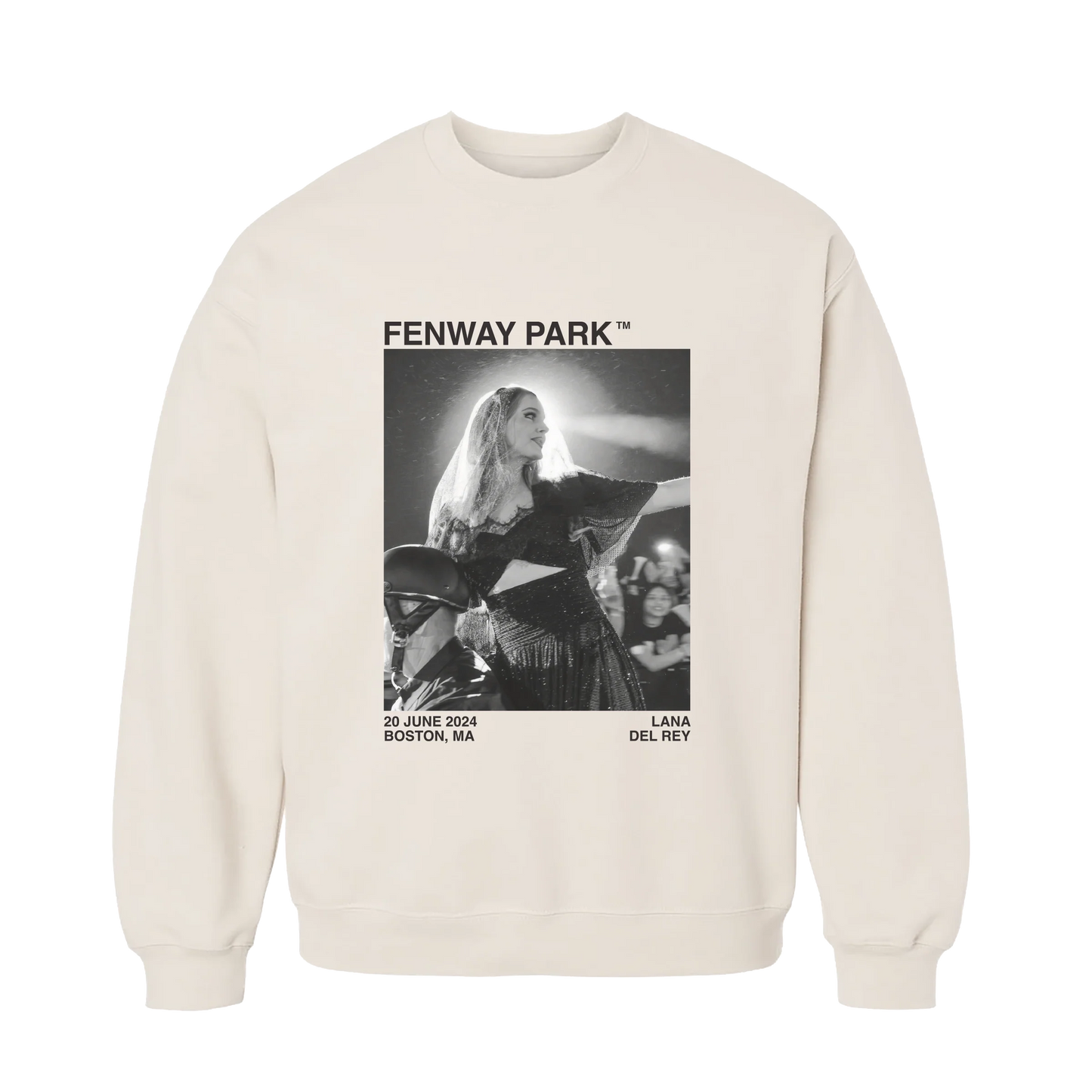 Front view of the Lana Del Rey Fenway Park Photo Crewneck Sweatshirt featuring a cream crewneck with a black-and-white live concert photo, Fenway Park, 20 June 2024 Boston, MA, and Lana Del Rey graphics from the exclusive Boston tour merchandise collection.