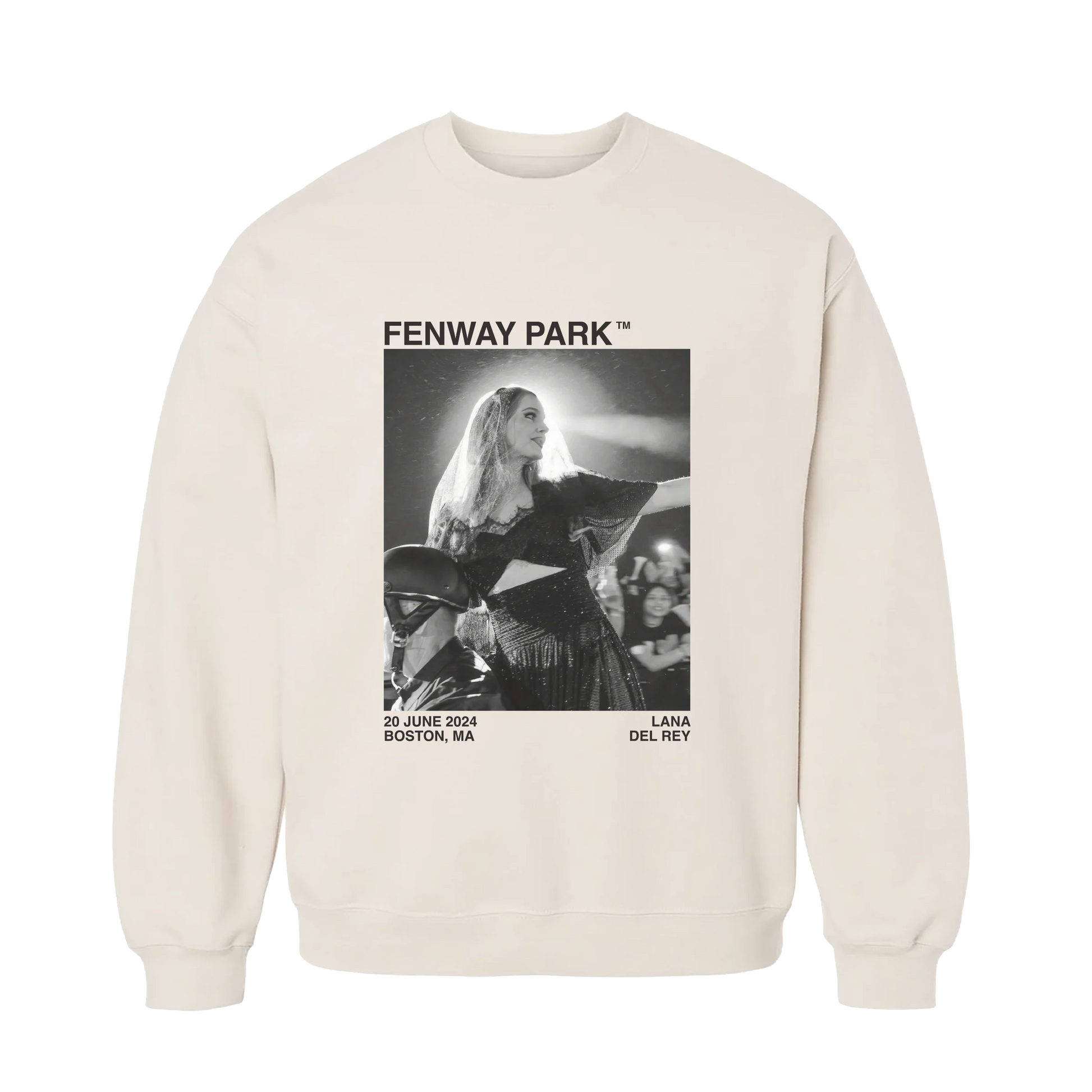 Front view of the Lana Del Rey Fenway Park Photo Crewneck Sweatshirt featuring a cream crewneck with a black-and-white live concert photo, Fenway Park, 20 June 2024 Boston, MA, and Lana Del Rey graphics from the exclusive Boston tour merchandise collection.