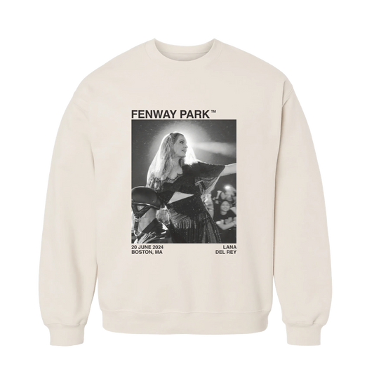 Front view of the Lana Del Rey Fenway Park Photo Crewneck Sweatshirt featuring a cream crewneck with a black-and-white live concert photo, Fenway Park, 20 June 2024 Boston, MA, and Lana Del Rey graphics from the exclusive Boston tour merchandise collection.