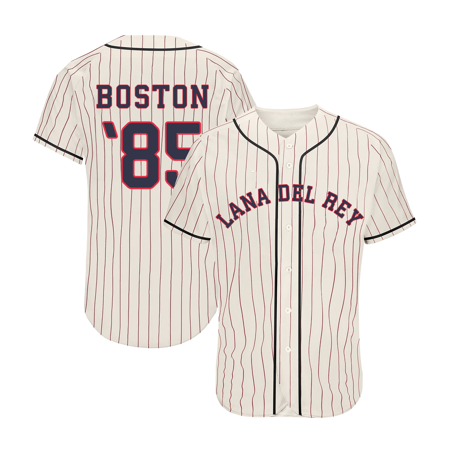 Front view of the Lana Del Rey Fenway Park Pinstripe Baseball Jersey in cream with red pinstripes, navy piping, button-up baseball design, arched Lana Del Rey lettering, and official Fenway Park concert merchandise.