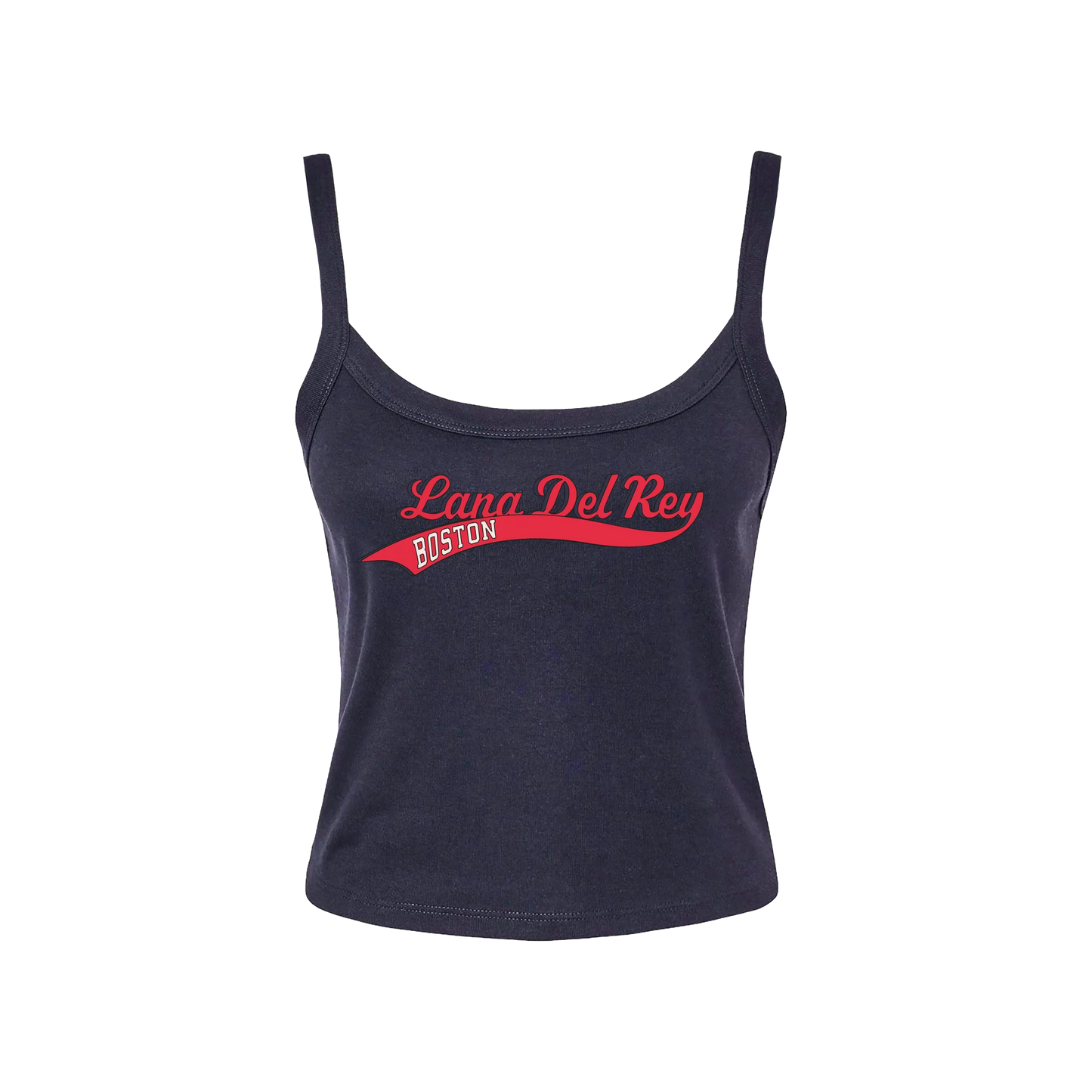 Front view of the Lana Del Rey Fenway Park Script Logo Camisole in navy blue featuring a vintage red script "Lana Del Rey Boston" graphic, fitted spaghetti strap design, and official Fenway Park concert merchandise inspired by the June 2024 Boston shows.