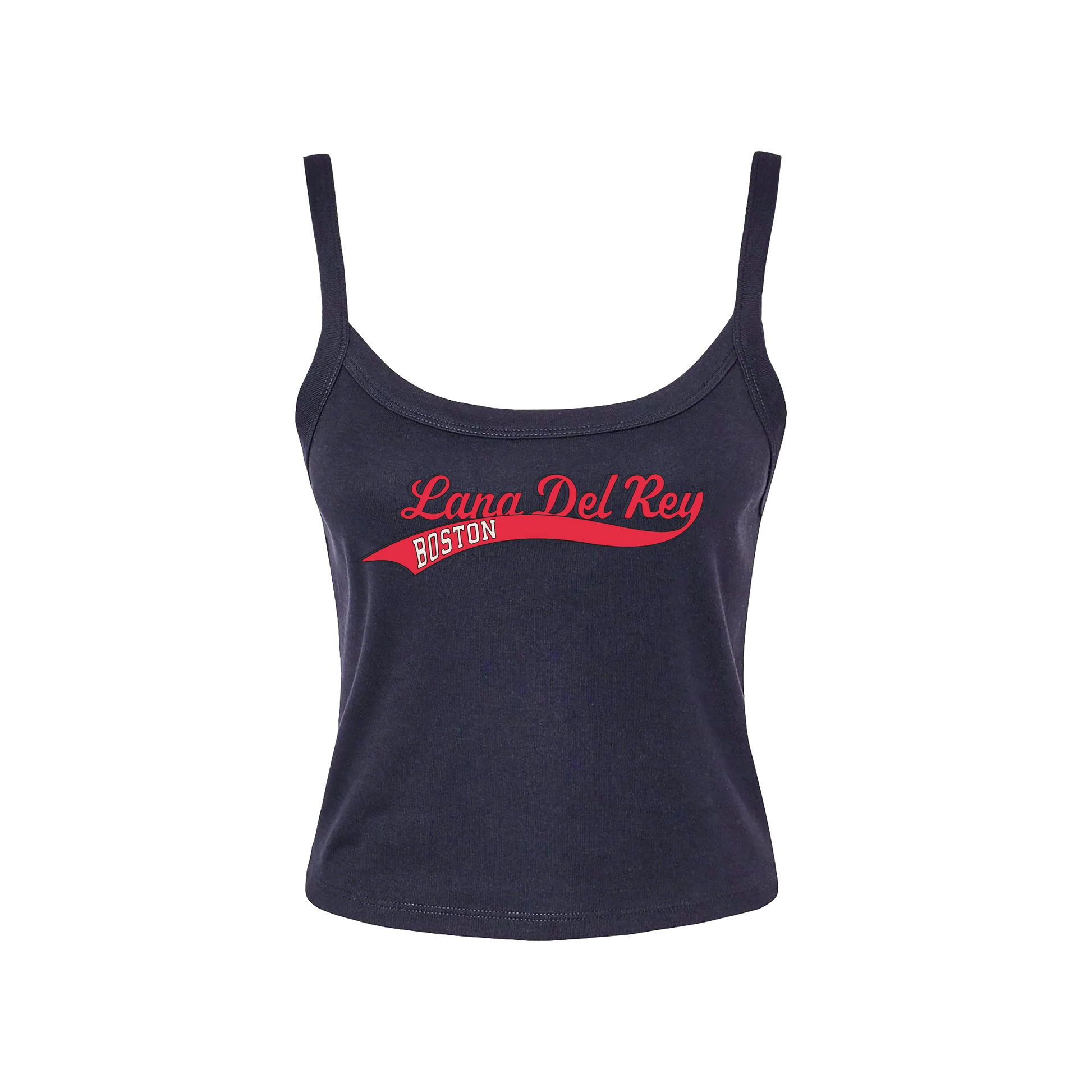Front view of the Lana Del Rey Fenway Park Script Logo Camisole in navy blue featuring a vintage red script "Lana Del Rey Boston" graphic, fitted spaghetti strap design, and official Fenway Park concert merchandise inspired by the June 2024 Boston shows.