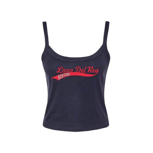 Front view of the Lana Del Rey Fenway Park Script Logo Camisole in navy blue featuring a vintage red script "Lana Del Rey Boston" graphic, fitted spaghetti strap design, and official Fenway Park concert merchandise inspired by the June 2024 Boston shows.