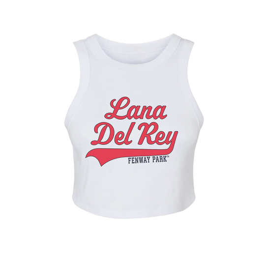 Front view of the Lana Del Rey Fenway Park Script Logo Tank Top featuring a white cropped racerback tank with vintage red Lana Del Rey script and Fenway Park graphic, inspired by the exclusive Boston 2024 concert merchandise collection.