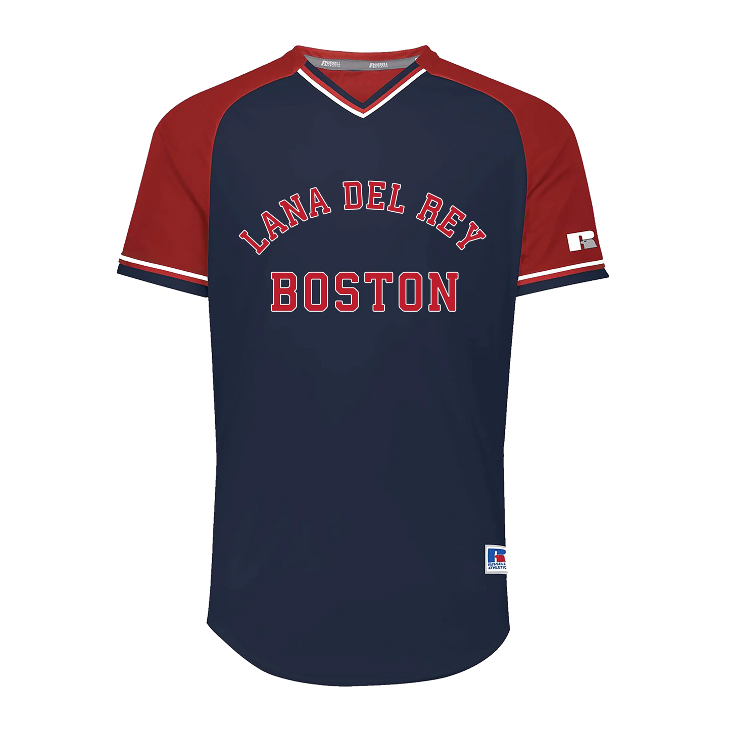 Front view of the Lana Del Rey Fenway Park V-Neck Raglan T-Shirt featuring a navy body with red raglan sleeves, white V-neck trim, and bold Lana Del Rey Boston varsity lettering inspired by Fenway Park concert merch and vintage baseball jerseys.