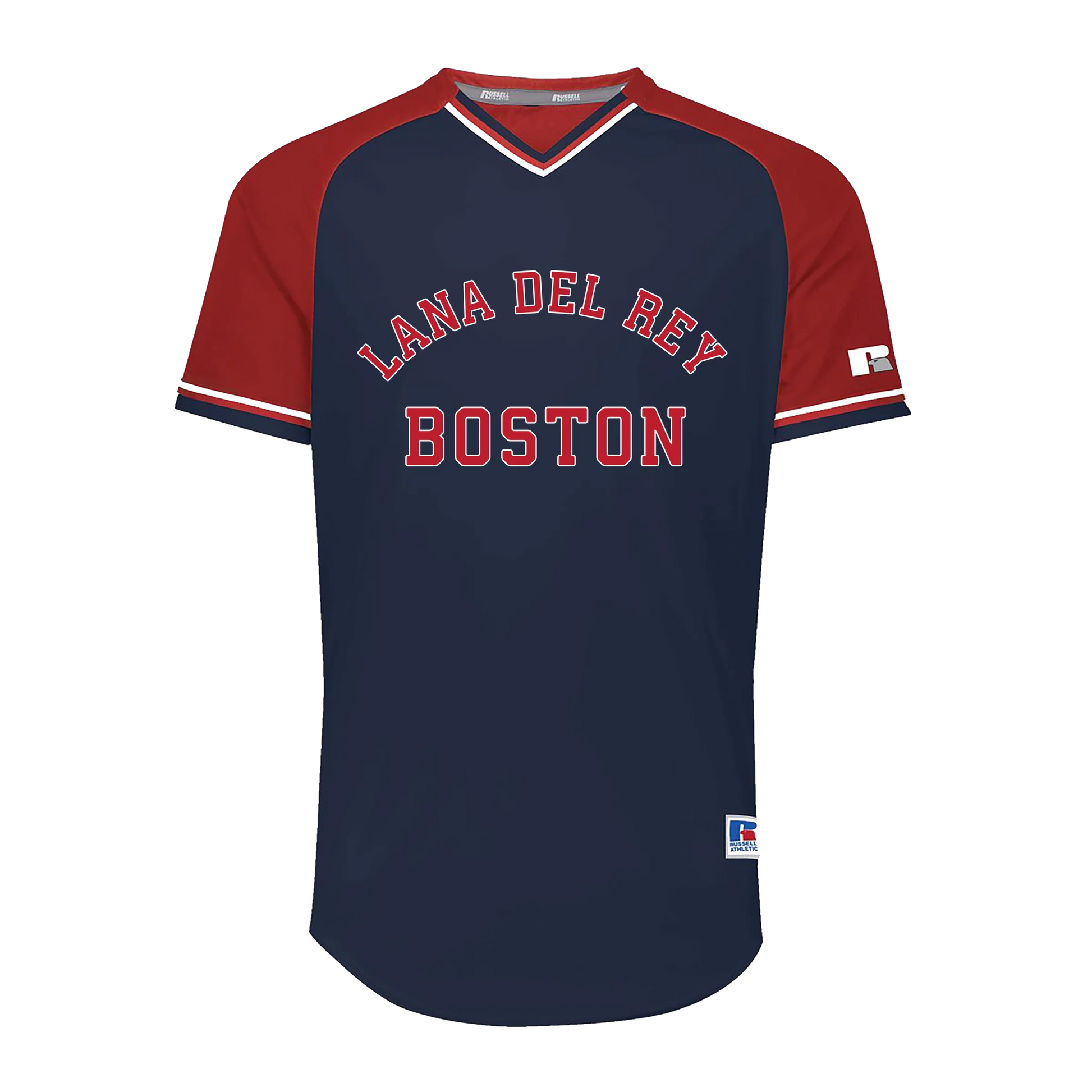 Front view of the Lana Del Rey Fenway Park V-Neck Raglan T-Shirt featuring a navy body with red raglan sleeves, white V-neck trim, and bold Lana Del Rey Boston varsity lettering inspired by Fenway Park concert merch and vintage baseball jerseys.