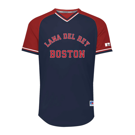 Front view of the Lana Del Rey Fenway Park V-Neck Raglan T-Shirt featuring a navy body with red raglan sleeves, white V-neck trim, and bold Lana Del Rey Boston varsity lettering inspired by Fenway Park concert merch and vintage baseball jerseys.