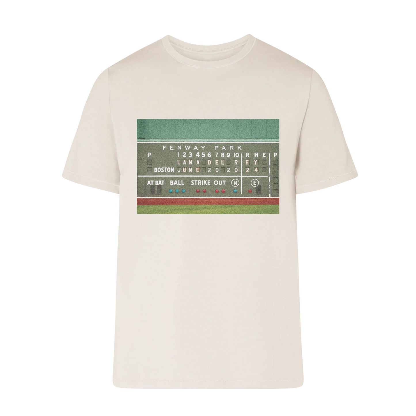 Front view of the Lana Del Rey Green Monster Fenway Park T-Shirt featuring a vintage-inspired Fenway Park scoreboard graphic with Boston June 20, 2024 concert details on a cream short sleeve tee, celebrating Lana Del Rey's iconic Boston performance.