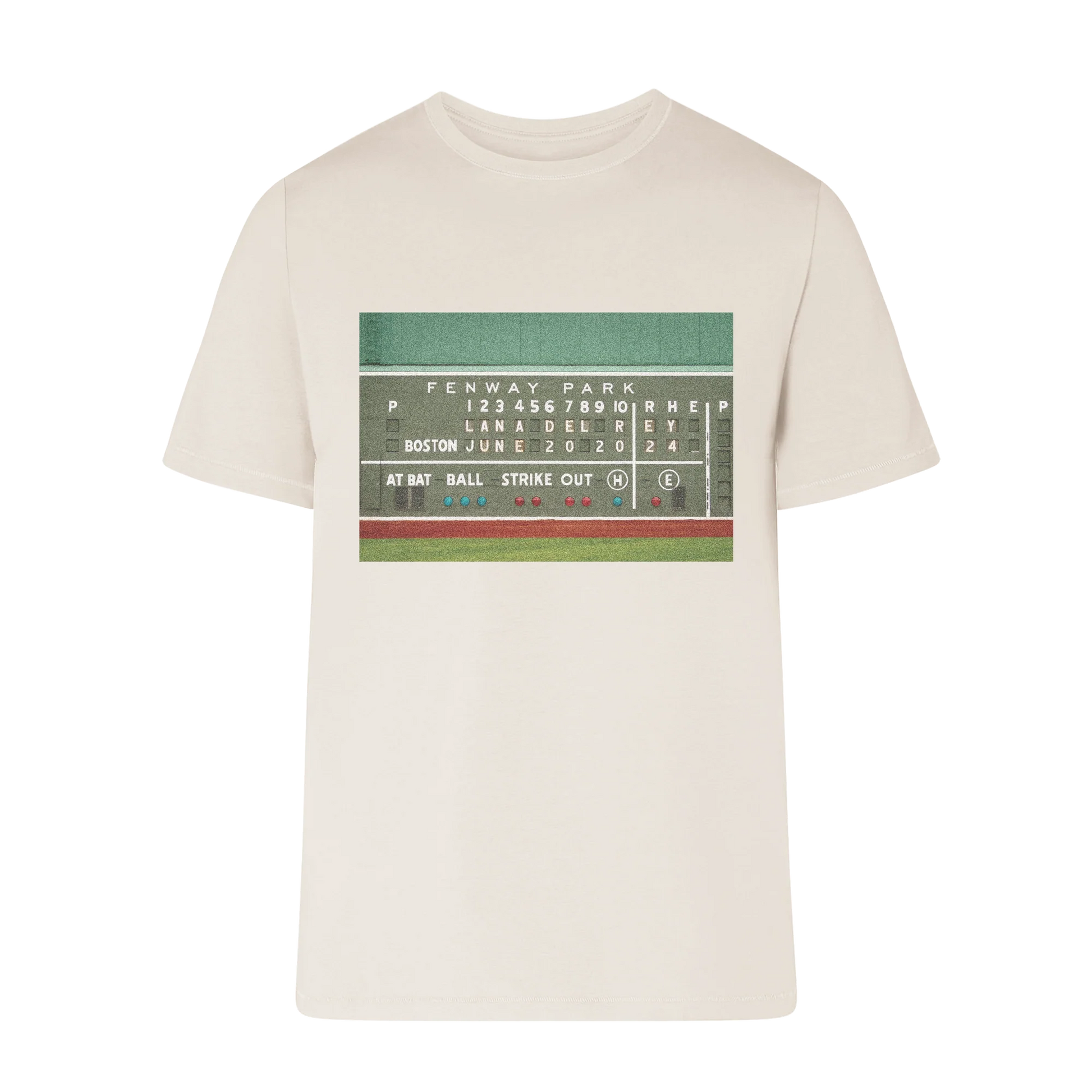 Front view of the Lana Del Rey Green Monster Fenway Park T-Shirt featuring a vintage-inspired Fenway Park scoreboard graphic with Boston June 20, 2024 concert details on a cream short sleeve tee, celebrating Lana Del Rey's iconic Boston performance.