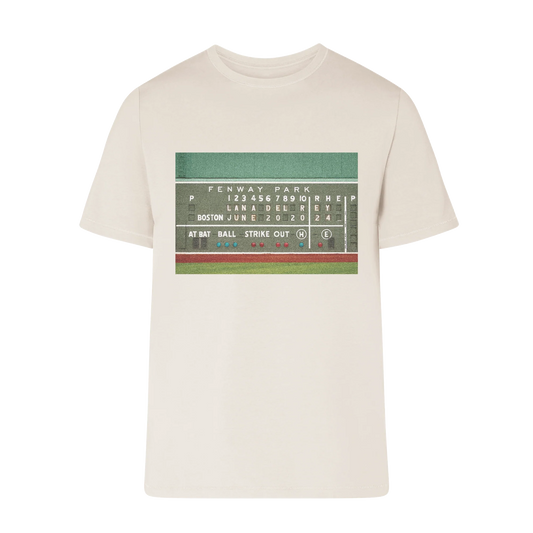 Front view of the Lana Del Rey Green Monster Fenway Park T-Shirt featuring a vintage-inspired Fenway Park scoreboard graphic with Boston June 20, 2024 concert details on a cream short sleeve tee, celebrating Lana Del Rey's iconic Boston performance.