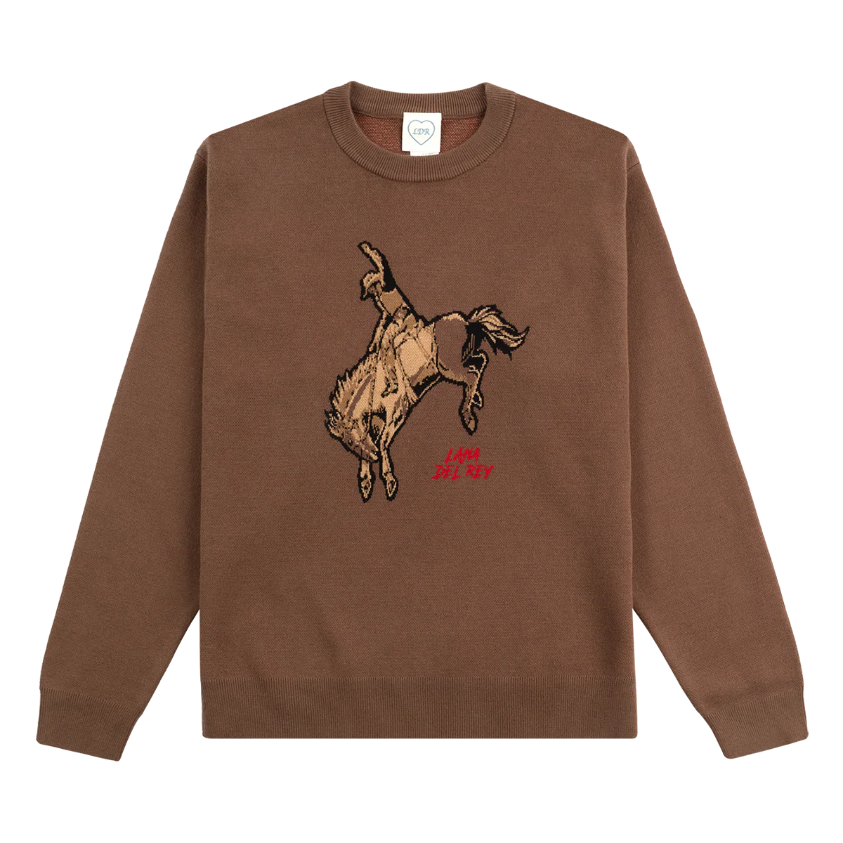 Front view of the Lana Del Rey Indio Brown Knit Crewneck Sweater featuring a vintage bucking horse knit graphic with red Lana Del Rey logo embroidery on a premium brown heavyweight crewneck inspired by her Indio festival collection.