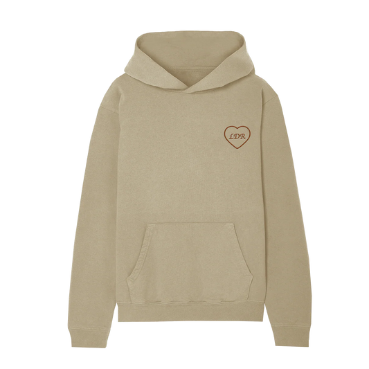 Back view of the Lana Del Rey Indio Graphic Hoodie in sand beige featuring a vintage bucking horse illustration with poetic graphic text across the back, inspired by Lana Del Rey's Indio performance and official festival merchandise.