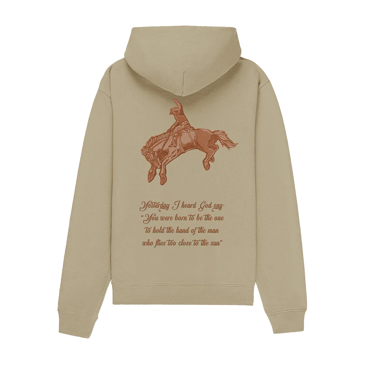 Front view of the Lana Del Rey Indio Graphic Hoodie in sand beige featuring a minimalist LDR heart logo on the chest, pullover hood, kangaroo pocket, and exclusive Indio festival-inspired merch design.