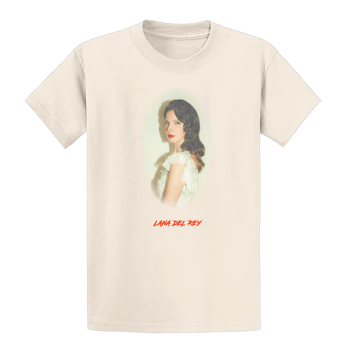Front view of the Lana Del Rey Indio Portrait T-Shirt featuring a cream short-sleeve tee with a soft vintage portrait of Lana Del Rey and signature logo, inspired by her Indio festival performance and exclusive concert merchandise collection.