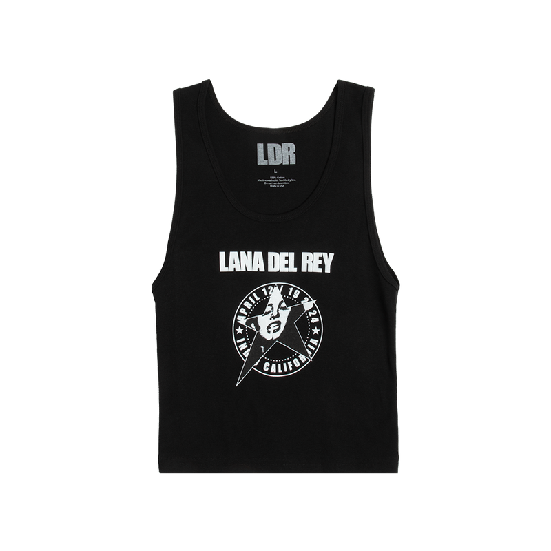 Front view of the Lana Del Rey Logo Black Cropped Ribbed Tank Top featuring a bold white Lana Del Rey logo with a California star portrait graphic on a black ribbed cropped tank inspired by vintage Lana Del Rey merch.
