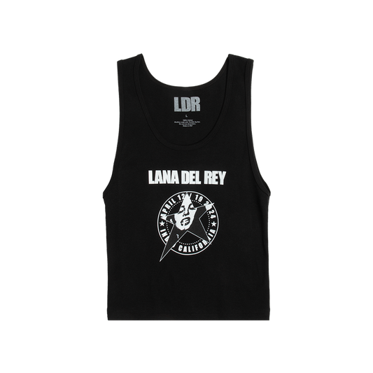 Front view of the Lana Del Rey Logo Black Cropped Ribbed Tank Top featuring a bold white Lana Del Rey logo with a California star portrait graphic on a black ribbed cropped tank inspired by vintage Lana Del Rey merch.